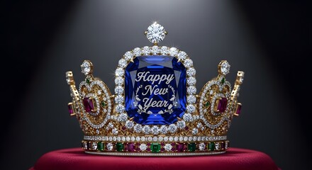 Exquisite royal golden crown adorned with sparkling diamonds and vibrant precious gemstones featuring a happy new year inscription on the central sapphire