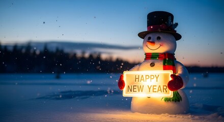 Adorable illuminated snowman wearing a top hat and striped scarf holds a glowing sign wishing everyone a happy new year outdoors during twilight