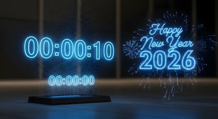 Holographic blue neon countdown timer displaying ten seconds until the happy new year 2026 celebration illuminates the dark room