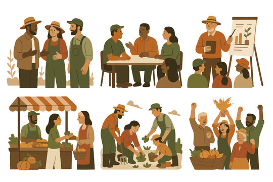 Cooperative clean icon market community family session rural farmers vector life group