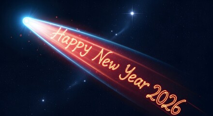 Spectacular comet streaks across the dark night sky leaving a brilliant glowing trail spelling out happy new year 2026 greetings for celebrations