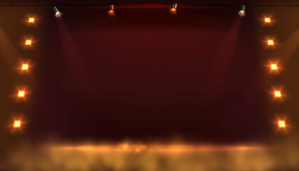 Vector illustration. Stage, concert hall with spotlight, projectors and smoke around.
