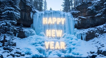 Glowing neon text wishing happy new year projected onto a majestic frozen waterfall surrounded by deep winter snow and evergreen trees