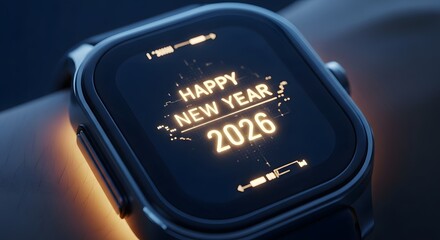 Glowing digital display on a modern smartwatch screen wishing a happy new year celebration for the approaching year 2026 in a close up shot