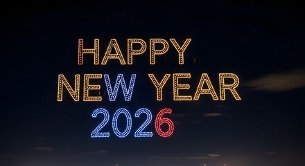 Spectacular drone light show illuminates the dark night sky displaying the festive message happy new year two thousand twenty six celebration.