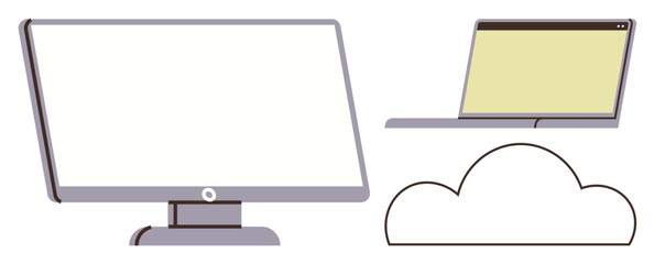Monitor, laptop, and cloud outline representing digital devices, cloud computing, or online storage. Ideal for technology, remote work, data analysis, networking collaboration IT solutions simple