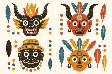 Fototapeta premium Bolivian folkloric mask flat icon set with traditional dance masks on white background