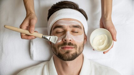 Man receiving facial treatment in serene spa ambiance with soft natural lighting for wellness advertising