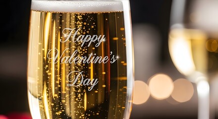 Close up of an engraved champagne flute with happy valentine's day message glistening with golden bubbles against a soft romantic background light.