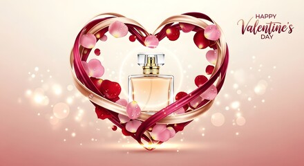 Elegant perfume bottle centered within a heart shape created by flowing ribbons and falling rose petals suggesting a romantic gift for Valentine's Day celebration