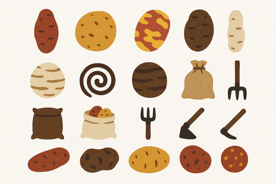 Bolivian potato diversity flat icon set with native crops and farming symbols on white background