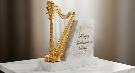 Exquisite golden ornate harp sculpture rests beside a white marble plaque engraved with elegant calligraphy wishing happy valentine's day greetings