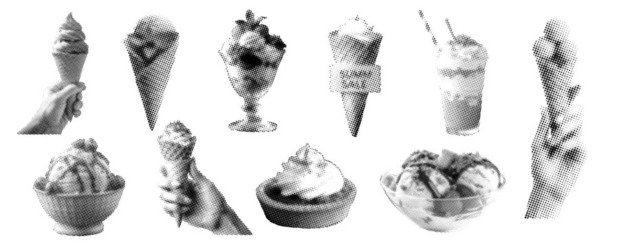 Halftone ice cream art collection. Vector illustration in transparent PNG background.