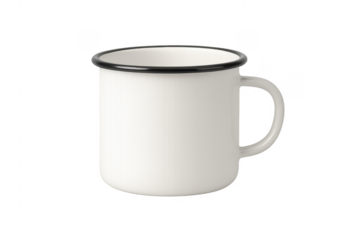 White enamel camping mug with black rim