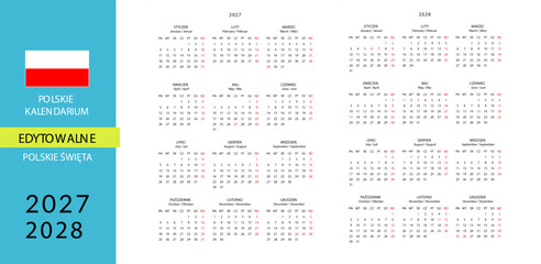 Obraz premium kalendarium polskie edytowalne 2027 2028 rok POLSKA polskie święta, edytowalny font skrócony kalendarz