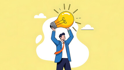 Professional businessman in suit holding a giant glowing lightbulb above his head representing creative business ideas innovative solutions startup growth and successful leadership