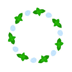 Round frame with mint leaves and ice cubes. Summer wreath with fresh ingredients and empty space for text.
