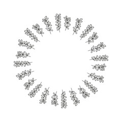 Cute wreath with hand drawn outline blueberry twigs isolated on white background. Round forest composition.