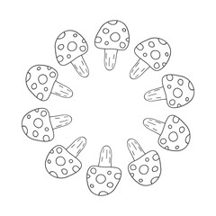 Cute round frame with hand drawn outline fly agaric amanita mushrooms isolated on white background. Autumn circle composition.
