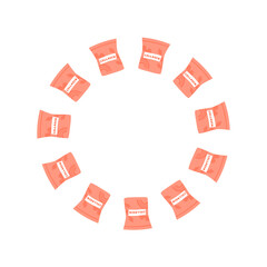 Round frame with collagen powder in wrapper isolated on white background. Wreath with anti age supplements and empty space for text.