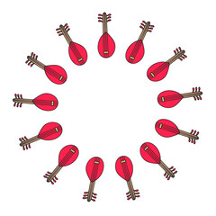 Cute round frame with Turkish baglama guitar isolated on white background.