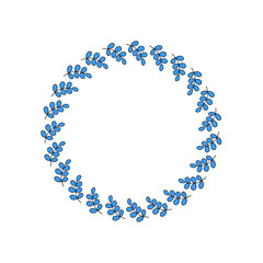 Cute round wreath with doodle blue leafy twigs isolated on white background.