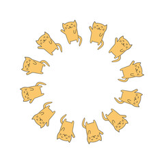 Cute round wreath with doodle happy orange cats isolated on white background.