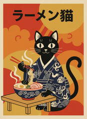 black cat eating ramen with chopsticks