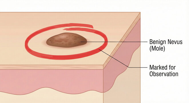Medical illustration of a benign nevus (mole) on the skin, marked with a red circle for observation. Cross-sectional diagram showing skin layers and labeled parts for dermatology education.