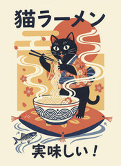 black cat eating ramen with chopsticks