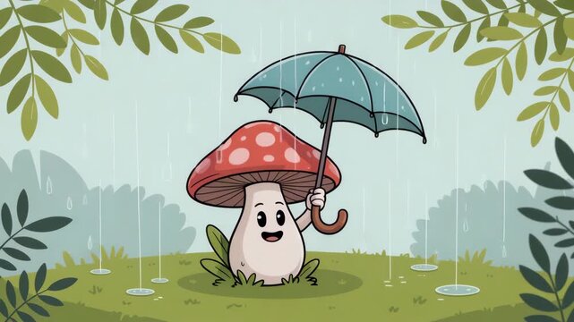 Adorable mushroom cartoon holding umbrella in gentle rainy day