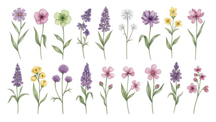 Watercolor floral illustration of various wildflowers and plants in different colors on a white background