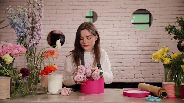 Florist Admiring a Bouquet of Multicolored Flowers in a Studio Setting