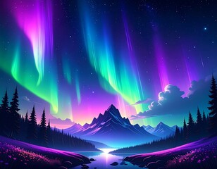 A vibrant nighttime vista showcases a majestic mountain range beneath the mesmerizing, glowing aurora borealis, reflecting in a serene lake