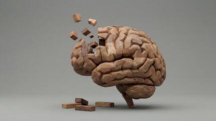 A wooden brain sculpture is depicted with blocks detaching and floating away, representing mental decline, cognitive issues, and neurological challenges.