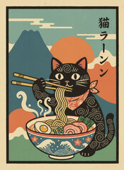 black cat eating ramen with chopsticks