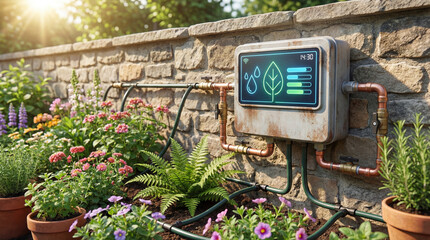 An automatic watering system uses modern technology to quench the thirst of a vibrant garden filled with colorful flowers and flourishing plants against a stone wall.