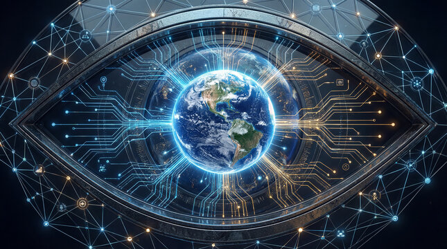A digital eye frames the Earth, surrounded by glowing circuits. The world is connected through technology. Intricate lines symbolize global interaction and awareness.