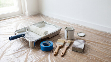 Painting supplies like brushes, a roller, tape, and a paint can are on a plastic-covered floor. The room is ready for a new coat of white paint during a day of home improvement.