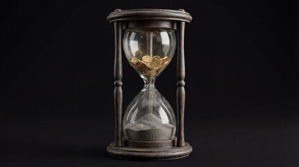 An hourglass displays gold coins running into sand labeled lost potential, suggesting time wasted or opportunities missed, set against a stark black backdrop.