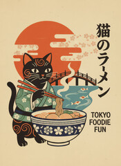 black cat eating ramen with chopsticks