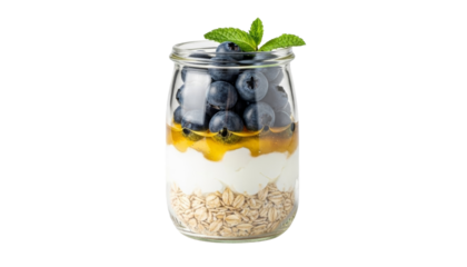 Transparent glass jar with visible layers of oatmeal, Greek yogurt, blueberries, and honey, topped with a sprig of mint isolated on transparent background