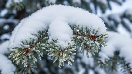 Snow on a fir tree branch, close-up