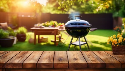 summer time in backyard with wooden table grill bbq and blurred background