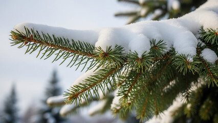 snow covered fir tree, snow on a fir tree branch, close-up