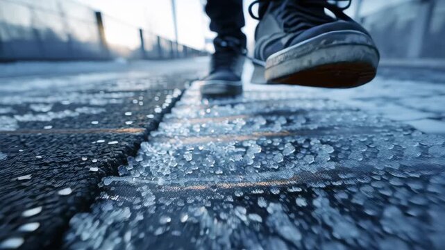 Close up of a person stepping on an icy sidewalk showing slippery winter conditions pedestrian danger and urban safety risk