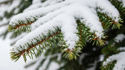fir tree branches covered with snow, snow on a fir tree branch, close-up