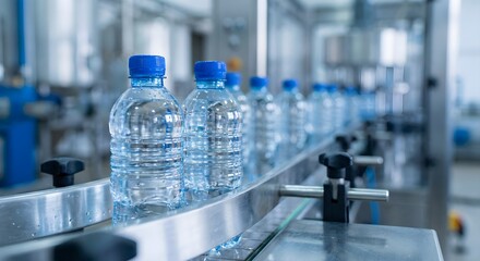 Bottled Water on Conveyor Belt in Industrial Bottling Plant for Distribution