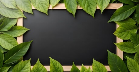 Black Background Surrounded by Fresh Green Leaves Creating a Frame