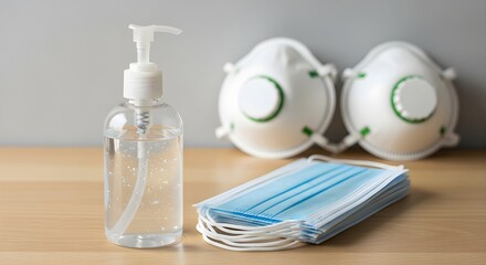 Sanitizer With Protective Masks and Surgical Masks Still Life on Wooden Table
